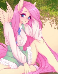 Size: 958x1218 | Tagged: safe, artist:fernybee, fluttershy, anthro, pegasus, unguligrade anthro, blushing, clothes, cute, female, looking at you, mare, shyabetes, sitting, solo