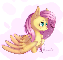 Size: 2360x2265 | Tagged: safe, artist:chunichichuni, fluttershy, butterfly, pegasus, pony, abstract background, blushing, bust, chest fluff, cute, ear fluff, female, looking at something, mare, shyabetes, smiling, solo, spread wings, three quarter view, wings