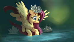 Size: 4000x2250 | Tagged: safe, artist:auroriia, fluttershy, pegasus, pony, cute, female, flower, flower in hair, lilypad, looking at something, looking down, lotus (flower), mare, shyabetes, solo, spread wings, three quarter view, water, wings
