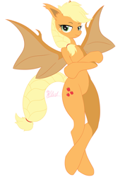 Size: 1447x2047 | Tagged: safe, artist:棘有棘無棘棘, applejack, anthro, bat pony, semi-anthro, applebat, arm hooves, bat ponified, female, mare, race swap, simple background, solo, white background