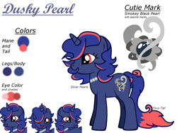 Size: 1600x1200 | Tagged: safe, oc, oc only, oc:dusky pearl, pony, unicorn, pony creator, cutie mark, jewelry, necklace, pearl necklace, reference sheet, simple background, white background