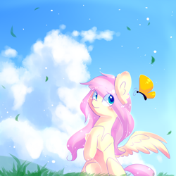 Size: 1000x1000 | Tagged: safe, artist:dddreamdraw, fluttershy, butterfly, pegasus, pony, blushing, ear fluff, eye clipping through hair, female, grass, looking at something, looking sideways, mare, one wing out, outdoors, raised hoof, sitting, sky, solo, three quarter view, wings