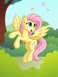 Size: 3000x4000 | Tagged: safe, artist:mercurysparkle, fluttershy, butterfly, pegasus, pony, bush, cute, ear fluff, female, flying, head turn, looking at something, looking up, mare, open mouth, outdoors, shyabetes, smiling, solo, spread wings, three quarter view, wings