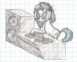 Size: 1213x983 | Tagged: safe, artist:mlplayer dudez, dj pon-3, vinyl scratch, pony, unicorn, glasses, graph paper, isometric, record, simple background, solo, speaker, traditional art, turntable