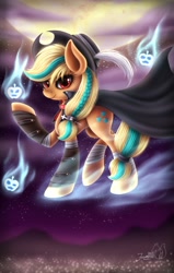 Size: 2606x4095 | Tagged: safe, artist:hoodiefoxy, applejack, earth pony, ghost, pony, cape, city, clothes, cowboy hat, cross, female, floating, full moon, hat, lights, looking at you, magic, mare, moon, multicolored hair, multicolored mane, necromancer, red eyes, smiling, solo, spirit, stetson