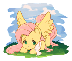 Size: 1645x1392 | Tagged: safe, artist:cherrylenn, angel bunny, fluttershy, pegasus, pony, rabbit, animal, cute, duo, face down ass up, female, male, mare, shyabetes, simple background, spread wings, transparent background, wings