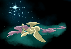 Size: 2000x1382 | Tagged: safe, artist:mysteriousshine, fluttershy, pegasus, pony, female, grass, mare, night, solo, stars