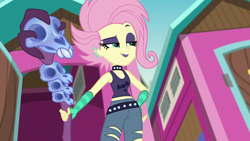 Size: 1920x1080 | Tagged: safe, screencap, fluttershy, better together, choose your own ending, equestria girls, the road less scheduled, the road less scheduled: fluttershy, choker, clothes, ear piercing, earring, eyeshadow, flutterpunk, goth, jewelry, lipstick, makeup, midriff, piercing, punk, purple lipstick, ripped pants, skull, sleeveless, staff, tanktop