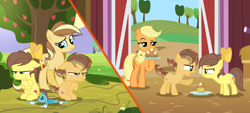 Size: 6256x2836 | Tagged: safe, artist:velveagicsentryyt, applejack, oc, oc only, oc:apple flower, oc:apple pie, oc:appleseed, earth pony, pony, apple, apple pie, base used, colt, female, filly, food, male, mare, offspring, parent:applejack, parent:caramel, parents:carajack, pie, siblings