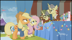 Size: 2208x1242 | Tagged: safe, screencap, applejack, flam, flim, fluttershy, earth pony, pegasus, pony, unicorn, best gift ever, applejack is not amused, brothers, discovery family logo, disguise, female, flim flam brothers, hat, holly the hearths warmer doll, male, mare, stallion, twins, unamused