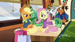 Size: 1920x1080 | Tagged: safe, screencap, applejack, fluttershy, bat, earth pony, pegasus, pony, spider, best gift ever, bag, clothes, del griffith, discovery family logo, earmuffs, female, hat, hearth's warming eve, john candy, male, mare, neal page, necktie, neighl page, planes trains and automobiles, pumpkin, snow, stallion, steve martin, suit, sweater, train, winter coat