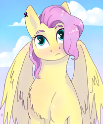 Size: 1000x1200 | Tagged: safe, artist:turn-silence, fluttershy, pegasus, pony, bust, chest fluff, female, full face view, head tilt, looking at you, mare, outdoors, portrait, sky, solo, wings