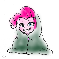 Size: 1280x1280 | Tagged: safe, artist:upperthemoon, pinkie pie, human, blanket, blanket burrito, cute, diapinkes, female, humanized, simple background, smiling, solo, white background