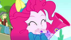 Size: 1920x1080 | Tagged: safe, screencap, pinkie pie, sandalwood, scott green, eqg summertime shorts, equestria girls, steps of pep, bust, cute, diapinkes, eyes closed, female, megaphone, offscreen character, portrait, smiling, solo focus, wondercolts uniform