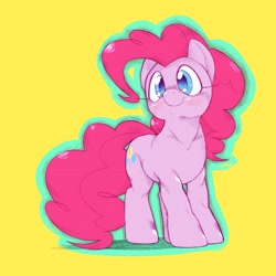 Size: 1536x1536 | Tagged: safe, artist:kurogewapony, pinkie pie, earth pony, pony, blushing, colored pupils, cute, diapinkes, female, mare, pixiv, simple background, smiling, solo, yellow background