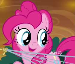 Size: 1113x943 | Tagged: safe, screencap, pinkie pie, pony, the beginning of the end, cropped, discovery family logo, net, rope, solo