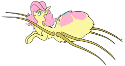 Size: 1200x627 | Tagged: safe, artist:egophiliac, fluttershy, monster pony, original species, spiderpony, comic:children of everfree, alternate hairstyle, female, leaping, monster mare, simple background, solo, species swap, spidershy, transparent background