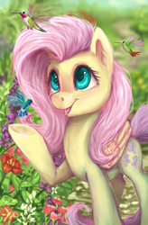 Size: 3716x5669 | Tagged: safe, artist:gingerady, fluttershy, hummingbird, pegasus, pony, absurd resolution, cute, female, garden, mare, open mouth, shyabetes