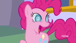 Size: 1920x1080 | Tagged: safe, screencap, pinkie pie, earth pony, pony, the beginning of the end, dizzy, female, looking back, mare, open mouth, raised hoof, running, smiling, solo, swirly eyes, wat, wingding eyes