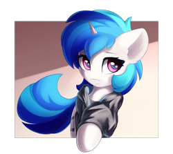 Size: 4700x4200 | Tagged: safe, artist:ifmsoul, dj pon-3, vinyl scratch, pony, unicorn, abstract background, absurd resolution, bust, clothes, cute, ear fluff, female, hoodie, mare, solo, vinylbetes