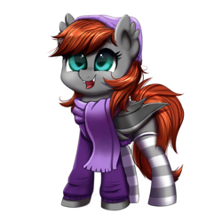 Size: 1000x1000 | Tagged: safe, artist:confetticakez, oc, oc only, oc:grem, bat pony, pony, adorable face, bat pony oc, beanie, clothes, cute, grembetes, happy, hat, hnnng, hoodie, scarf, simple background, smiling, socks, solo, striped socks, white background, ych result