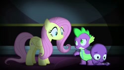 Size: 1280x720 | Tagged: safe, screencap, fluttershy, spike, dragon, pegasus, pony, scare master, castle, clothes, costume, dragon costume, female, looking at each other, male, mare, nightmare night, twilight's castle