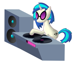 Size: 1213x983 | Tagged: safe, artist:mlplayer dudez, dj pon-3, vinyl scratch, pony, unicorn, glasses, isometric, record, shading, simple background, solo, speaker, turntable