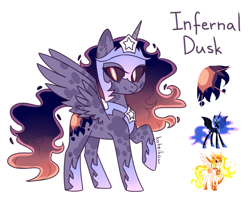 Size: 1329x1045 | Tagged: safe, artist:koteikow, daybreaker, nightmare moon, alicorn, pony, armor, black sclera, female, fusion, fusion:infernal dusk, helmet, looking at you, mare, simple background, solo, white background, xk-class end-of-the-world scenario