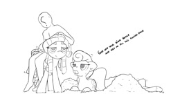 Size: 1252x682 | Tagged: safe, artist:anonymous, carrot top, golden harvest, tree hugger, oc, oc:anon, /mlp/, drawthread, lineart, monochrome, pun, simple background, swearing, visual pun, vulgar, white background