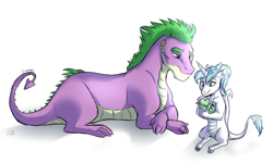 Size: 1024x614 | Tagged: safe, artist:shimazun, spike, oc, dragon, offspring, older, parent:princess flurry heart, parent:spike, parents:flurryspike, prone, simple background, white background