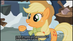 Size: 1366x768 | Tagged: safe, edit, edited screencap, screencap, applejack, earth pony, pony, best gift ever, axe, caption, chopping block, meme, snow, solo, weapon, youtube caption