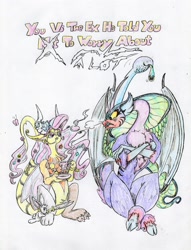 Size: 2436x3184 | Tagged: safe, artist:grimmyweirdy, angel bunny, cosmos (character), fluttershy, butterfly, draconequus, comic:cosmic cosmos, angry, blood, draconequified, duo, duo female, female, flutterequus, food, knife, simple background, species swap, tea, this will end in death, this will end in tears, this will end in tears and/or death, traditional art, white background