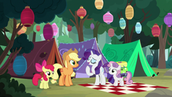 Size: 1280x720 | Tagged: safe, screencap, apple bloom, applejack, rarity, sweetie belle, earth pony, pony, unicorn, campfire tales, forest, lantern, picnic blanket, tent, tree