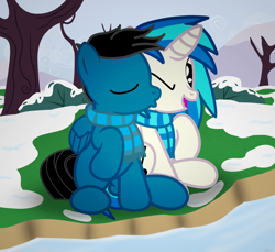 Size: 3600x3300 | Tagged: safe, artist:agkandphotomaker2000, dj pon-3, vinyl scratch, oc, oc:pony video maker, pegasus, pony, unicorn, bush, canon x oc, clothes, kiss on the cheek, kissing, river, scarf, sitting, snow, tree, videoscratch, water