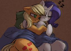 Size: 1280x923 | Tagged: safe, artist:yoditax, applejack, rarity, earth pony, pony, unicorn, 30 minute art challenge, blanket, cuddling, cute, daaaaaaaaaaaw, female, fluffy, jackabetes, lesbian, love, raribetes, rarijack, shipping, sleeping, zzz