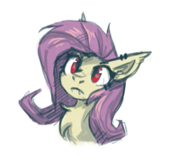 Size: 635x580 | Tagged: safe, artist:amy-gamy, fluttershy, bat pony, pony, bat ponified, bust, chest fluff, ear piercing, fangs, flutterbat, piercing, portrait, race swap, red eyes, simple background, sketch, solo, white background