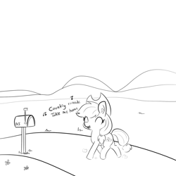 Size: 1280x1280 | Tagged: safe, artist:tjpones, applejack, earth pony, pony, applejack's hat, cowboy hat, cute, grayscale, hat, hill, jackabetes, john denver, mailbox, monochrome, solo, song, song reference, stetson, take me home country roads