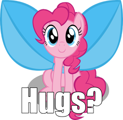 Size: 5118x4982 | Tagged: safe, alternate version, artist:mrkat7214, pinkie pie, earth pony, pony, absurd resolution, bow, bronybait, c:, caption, cute, diapinkes, female, hug request, image macro, impossibly large bow, looking at you, mare, simple background, sitting, smiling, solo, text, transparent background, vector