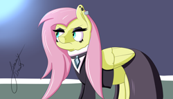 Size: 3500x2000 | Tagged: safe, artist:jimmy draws, fluttershy, pegasus, pony, clothes, cute, female, gothic, mare, signature