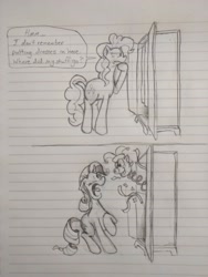 Size: 3120x4160 | Tagged: safe, artist:sonicontinuum, pinkie pie, rarity, earth pony, pony, unicorn, comic, confetti, confused, dialogue, female, grayscale, jack-in-the-box, joke, lined paper, mare, monochrome, open mouth, pun, raised leg, scared, speech bubble, traditional art, wardrobe