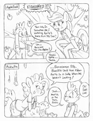 Size: 849x1100 | Tagged: safe, artist:circe, applejack, pinkie pie, spike, anthro, comic:soreloser, apple tree, black and white, cake, comic, food, grayscale, monochrome, traditional art, tree