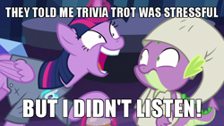 Size: 600x338 | Tagged: safe, edit, edited screencap, screencap, dj pon-3, spike, twilight sparkle, twilight sparkle (alicorn), vinyl scratch, alicorn, dragon, pony, a trivial pursuit, bell, caption, clothes, exploitable meme, faic, female, glowing horn, horn, i didn't listen, image macro, library, magic, male, mare, meme, open mouth, pajamas, shrunken pupils, telekinesis, text, twilight snapple, twilight's castle, twilight's castle library, winged spike