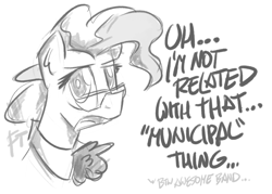 Size: 1261x904 | Tagged: safe, artist:flutterthrash, mayor mare, earth pony, pony, black and white, dialogue, female, grayscale, mare, monochrome, municipal waste, simple background, solo, white background