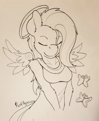 Size: 1960x2388 | Tagged: safe, artist:punk-pegasus, fluttershy, anthro, butterfly, bust, eyes closed, floating wings, halo, monochrome, solo, traditional art, wings