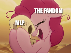 Size: 1071x797 | Tagged: safe, edit, edited screencap, screencap, pinkie pie, earth pony, pony, my little pony: the movie, caption, cropped, dead, desert, desert sun madness, end of ponies, eyes closed, image macro, metaphor, skull, solo, text, the ride never ends