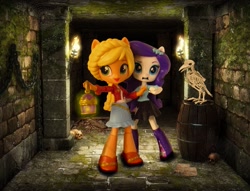 Size: 1417x1080 | Tagged: safe, artist:whatthehell!?, applejack, rarity, bird, equestria girls, barrel, bone, boots, chains, clothes, denim skirt, doll, dress, dungeon, equestria girls minis, halloween, holiday, irl, jacket, lantern, photo, ponied up, shoes, skeleton, skirt, skull, torch, toy