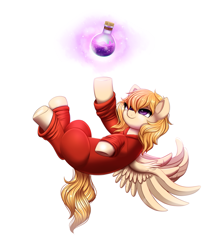 Size: 1899x2151 | Tagged: safe, alternate version, artist:confetticakez, oc, oc only, oc:melody (potion mare), pegasus, pony, fanfic:potion mare, alchemist, bottle, clothes, digital art, fanfic, fanfic art, female, levitation, long mane, magic, mare, potion, purple eyes, reaching, reaching out, robe, simple background, smiling, solo, spread wings, telekinesis, upside down, white background, wings