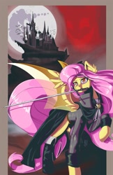 Size: 1650x2550 | Tagged: safe, artist:princrim, fluttershy, nightmare moon, bat pony, pony, undead, vampire, vampony, alucard, alucard (castlevania), alushy, badass, bat ponified, castle, castlevania, clothes, female, flutterbadass, flutterbat, full moon, mare, mare in the moon, moon, mouth hold, race swap, raised hoof, sword, weapon