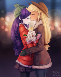 Size: 1200x1500 | Tagged: safe, artist:tcn1205, applejack, rarity, human, equestria girls, bouquet, clothes, coat, cute, daaaaaaaaaaaw, eyes closed, female, flower, hug, humanized, jackabetes, kiss on forehead, kissing, lesbian, love, pony coloring, raribetes, rarijack, shipping