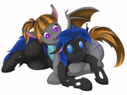 Size: 2550x1896 | Tagged: safe, artist:colli, oc, oc only, oc:mythic dawn, oc:swift dawn, bat pony, changeling, pony, bat pony oc, blue changeling, blue eyes, brother and sister, commission, cuddling, cute, cutie mark, explicit source, female, floppy ears, male, purple eyes, siblings, simple background, smiling, snuggling, white background